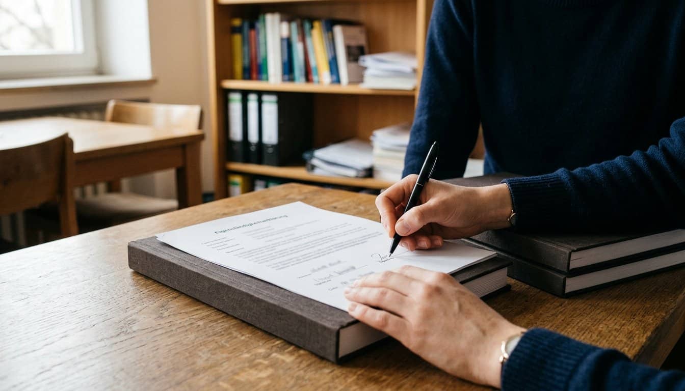 Hände unterschreiben eine Erklärung, daneben zwei gebundene Exemplare einer Abschlussarbeit