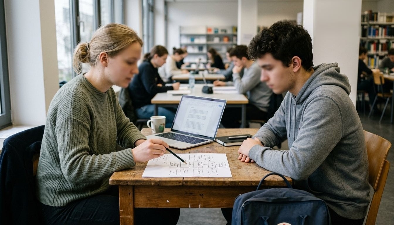 Schreibberaterin und Student besprechen die Gliederung einer Arbeit an einem Tisch