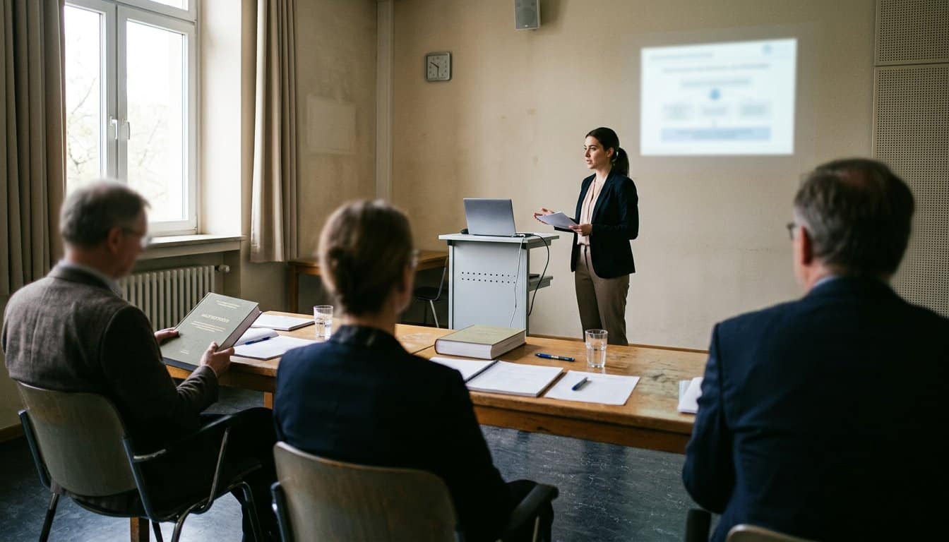 Studentin stellt ihre Abschlussarbeit vor einer Prüfungskommission vor