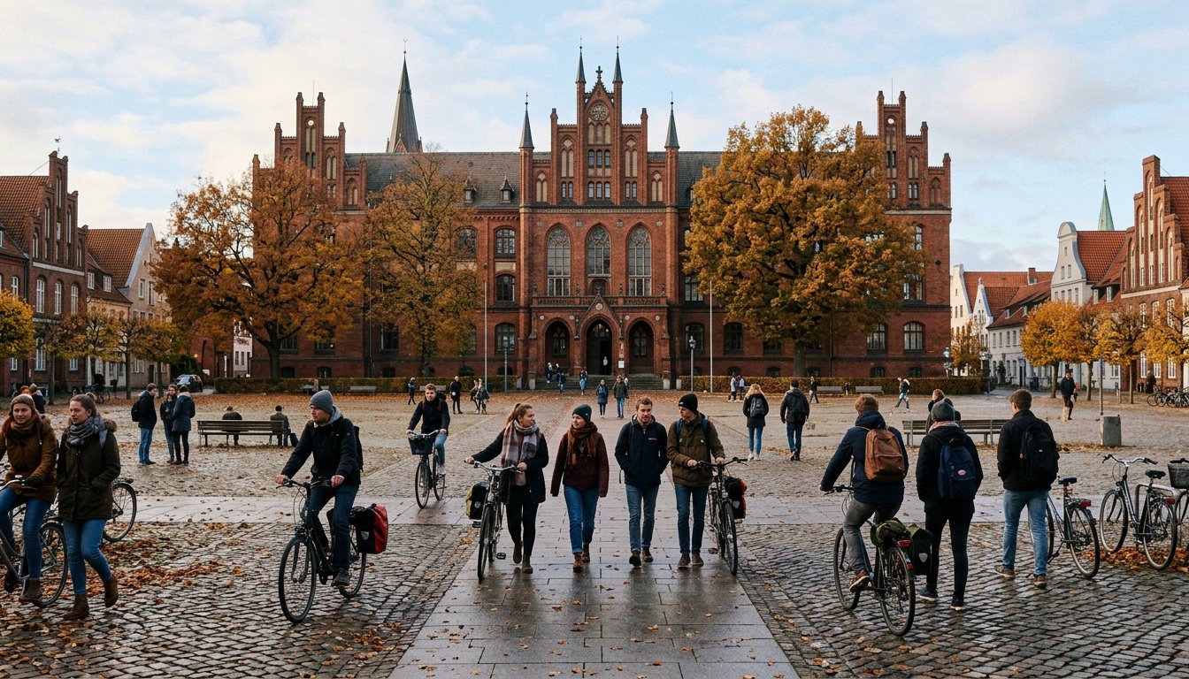 Backsteingebäude einer Hochschule in Norddeutschland mit Studierenden auf dem Vorplatz