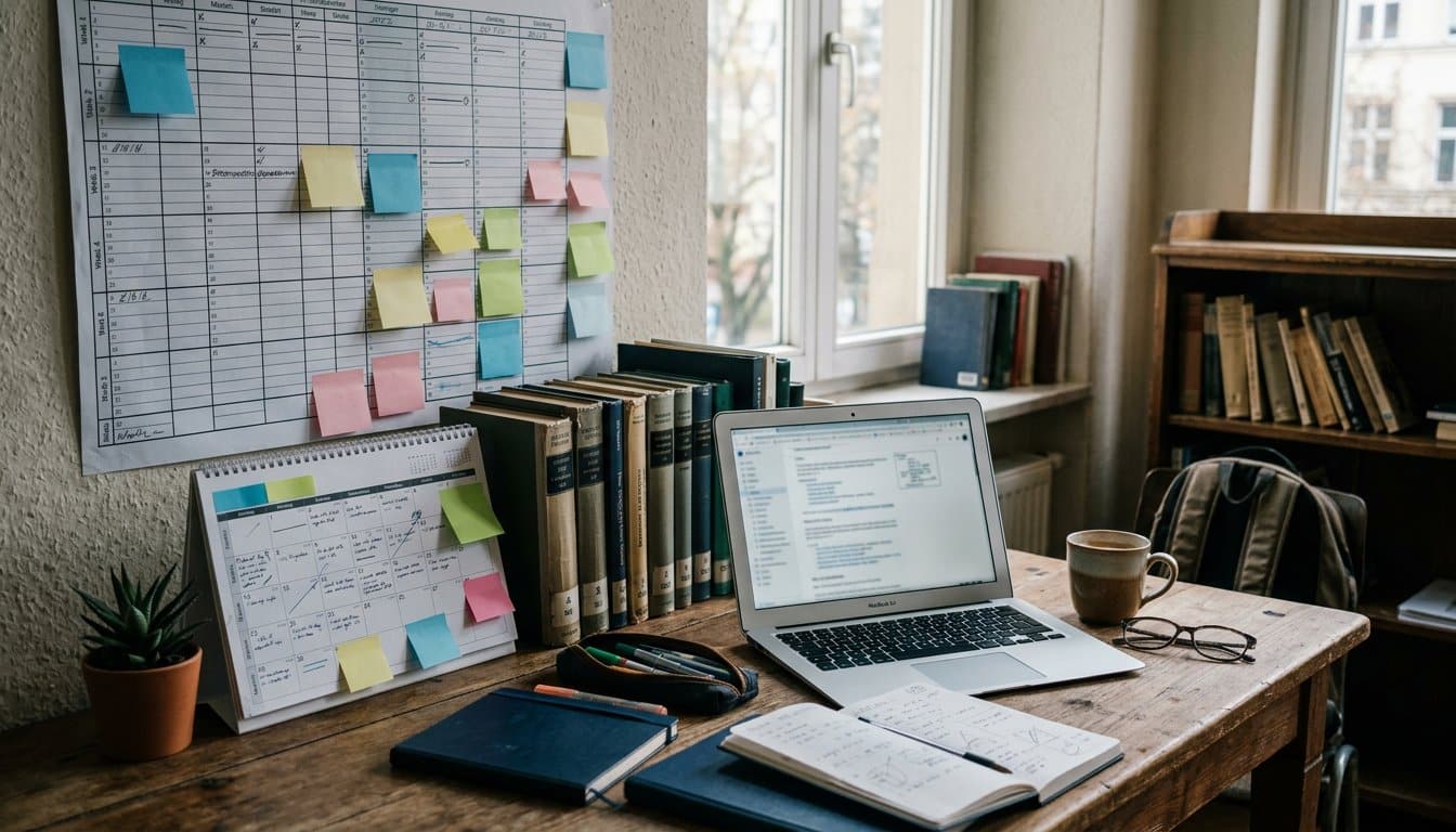 Wandplaner mit farbigen Haftnotizen neben Laptop und Bücherstapel auf einem Schreibtisch