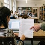 Hilfe bei der Bachelorarbeit: Was erlaubt ist und wo die Grenze liegt Studentin bespricht am Schreibtisch in der Bibliothek den Entwurf ihrer Bachelorarbeit